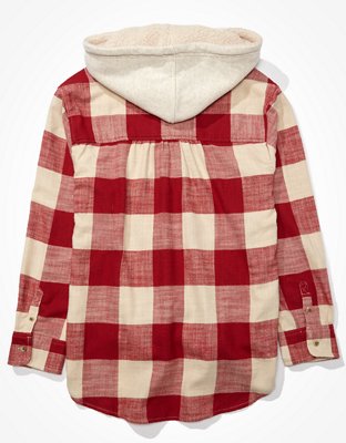 AE Plaid Flannel Hooded Button-Up Shirt