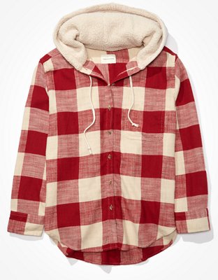 AE Plaid Flannel Hooded Button-Up Shirt