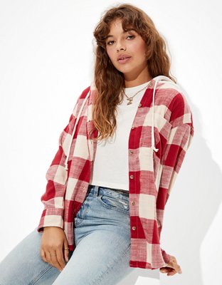 AE Plaid Flannel Hooded Button-Up Shirt