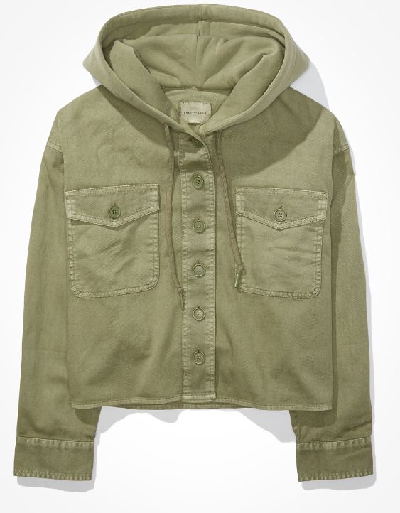 AE Cropped Military Hooded Shirt Jacket