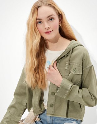 AE Cropped Military Hooded Shirt Jacket