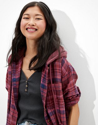 AE Cropped Hooded Flannel Shirt