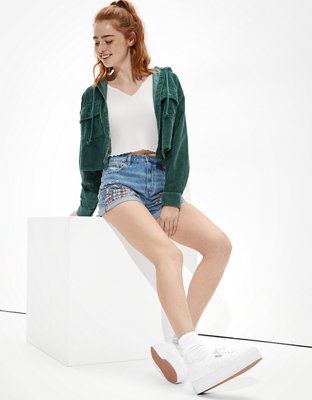 AE Hooded Cropped Corduroy Button-Up Shirt