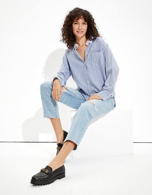 Женские рубашки American Eagle AE Striped Oversized Oxford Button-Up Shirt — фото 4