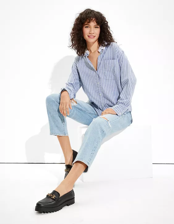 AE Striped Oversized Oxford Button-Up Shirt