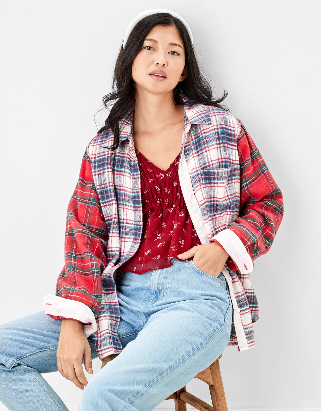 AE Oversized Plaid Button-Up Shirt