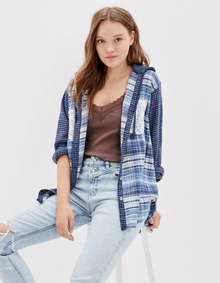 AE Oversized Mixed Plaid Flannel Hoodie