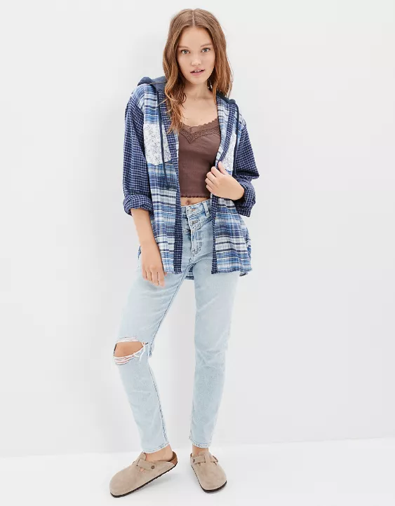 AE Oversized Mixed Plaid Flannel Hoodie