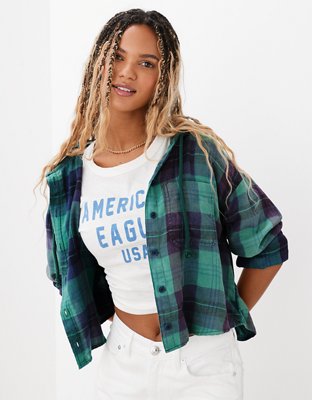 AE Cropped Flannel Shirt Hoodie