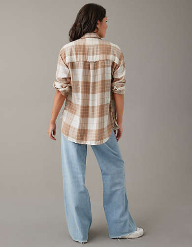 AE Oversized Long-Sleeve Plaid Button-Up Shirt