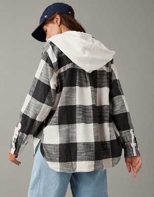 AE Oversized Plaid Button-Up Hoodie