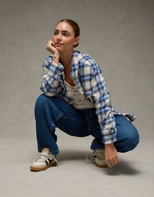 Женская рубашка American Eagle AE Plaid Button-Up, цвет: Синий — фото 7