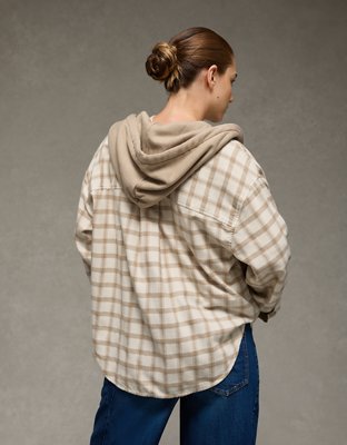 AE Plaid Hooded Button-Up Shirt