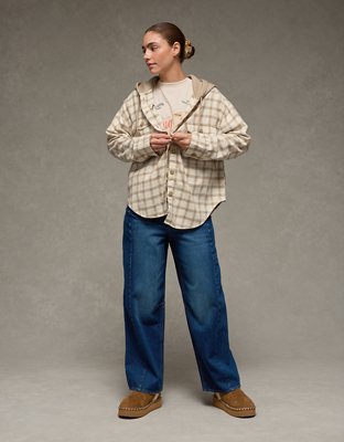 AE Plaid Hooded Button-Up Shirt