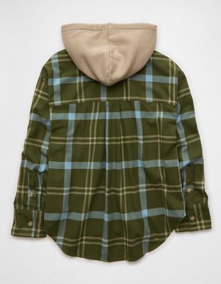 AE Plaid Hooded Button-Up Shirt