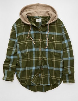 AE Plaid Hooded Button-Up Shirt
