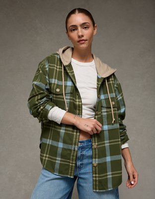 AE Plaid Hooded Button-Up Shirt