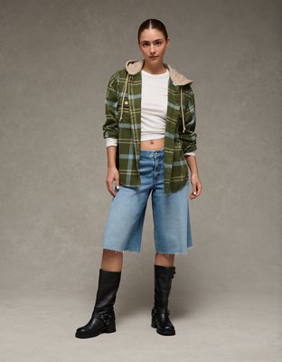 AE Plaid Hooded Button-Up Shirt