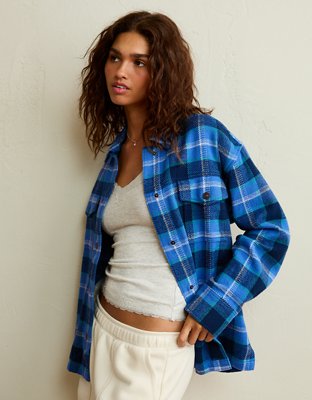 Женские куртки American Eagle AE Cozy Flannel Shacket, цвет: Синий — фото 1