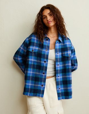 Женские куртки American Eagle AE Cozy Flannel Shacket, цвет: Синий — фото 2