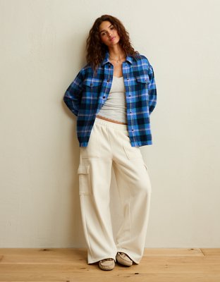 Женские куртки American Eagle AE Cozy Flannel Shacket, цвет: Синий — фото 6