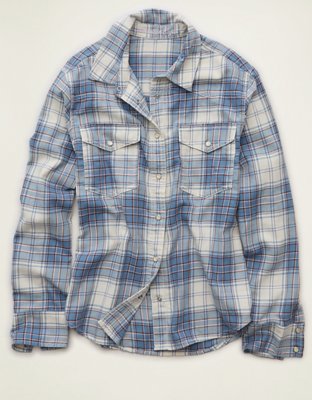 AE Throwback Flannel Button-Up Shirt Women's Light Blue XS