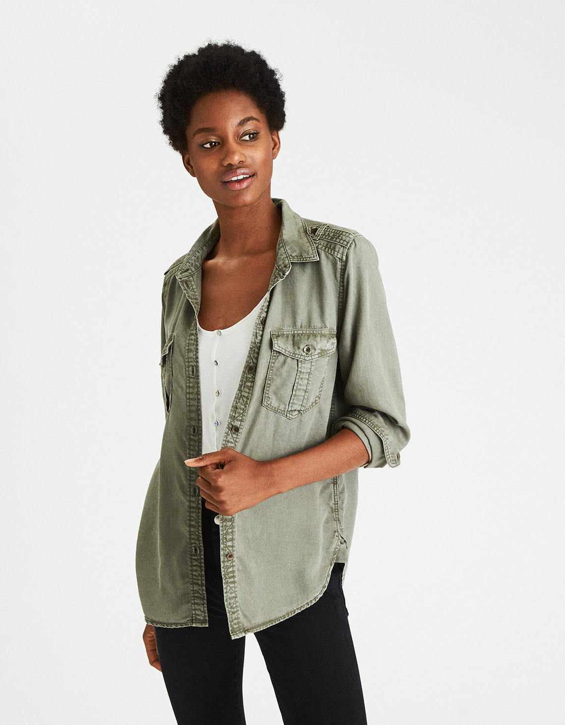 AE Boyfriend Utility Shirt, Olive | American Eagle Outfitters
