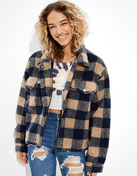 Женские куртки American Eagle AE Plaid Sherpa Zip-Up Jacket