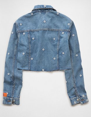 AE x Bubble Embroidered Cropped Denim Jacket | American Eagle