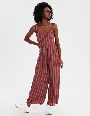 AE Tie Waist Striped Jumpsuit, Faded Red American Eagle Outfitters