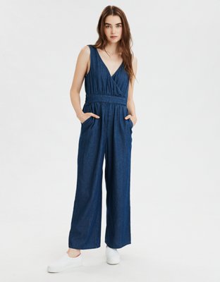 V neck denim sales jumpsuit