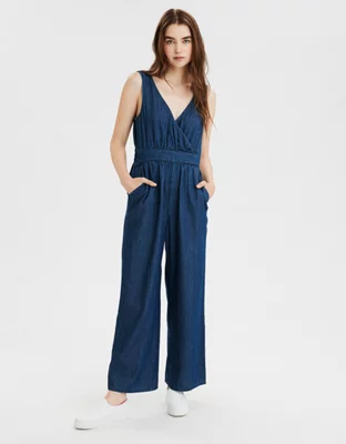 Slim V-neck Denim Jumpsuit