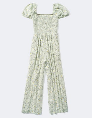 AE Smocked Puff-Sleeve Jumpsuit