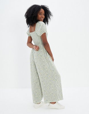 AE Smocked Puff-Sleeve Jumpsuit