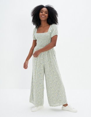 AE Smocked Puff-Sleeve Jumpsuit