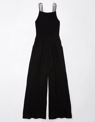 Cute Black Ribbed Jumpsuit - Smocked Jumpsuit - Wide-Leg Jumpsuit