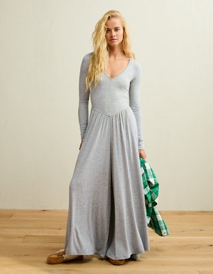 Женский комбинезон American Eagle AE Long Sleeve Knit, цвет: Меланжевый серый — фото 1
