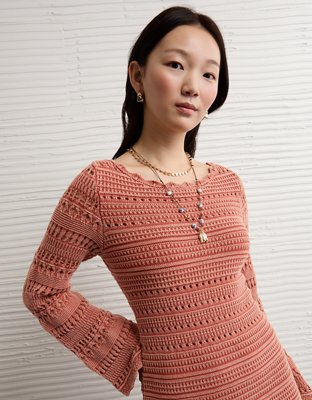 AE Long-Sleeve Open Stitch Sweater Mini Dress
