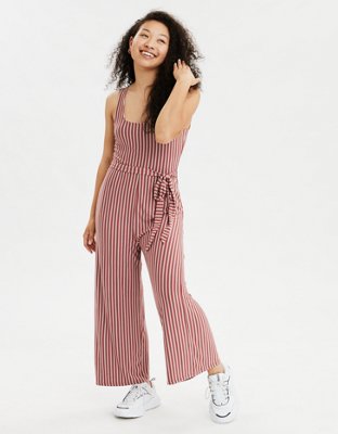 striped tie waist jumpsuit