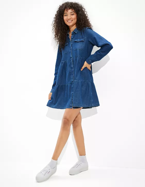 AE Denim Button-Up Babydoll Shirt Dress