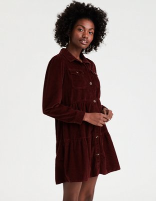 AE Corduroy Button-Up Babydoll Shirt Dress