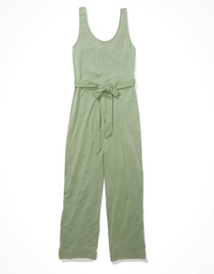 Image of AE Button Up Tie Waist Jumpsuit Women's Olive XXS