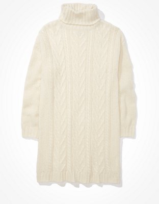 Image of AE Cable Knit Turtleneck Sweater Dress Women's Cream XXS