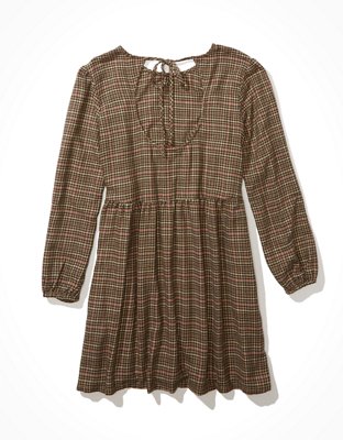 rustic brown dresses Brown Plaid Print Side Pockets Frill Babydoll Mini Dress main image 0