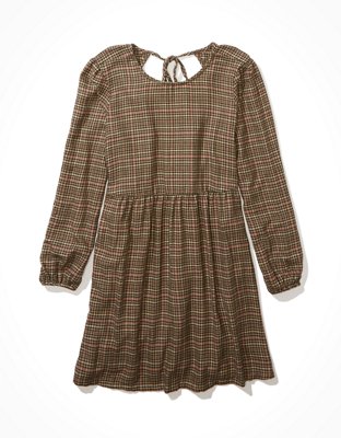 Vestido babydoll manga larga de diseño escocés AE