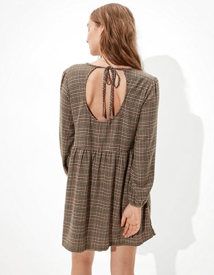 Vestido babydoll manga larga de diseño escocés AE