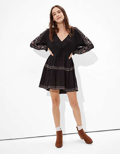 AE Long-Sleeve Embroidered  Babydoll Dress