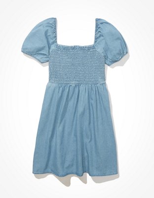 AE Denim Tie-Sleeve Smocked Mini Dress
