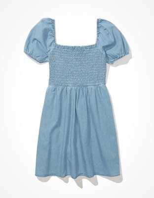 AE Denim Tie-Sleeve Smocked Mini Dress