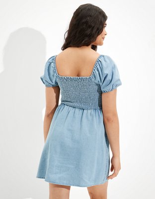 AE Denim Tie-Sleeve Smocked Mini Dress
